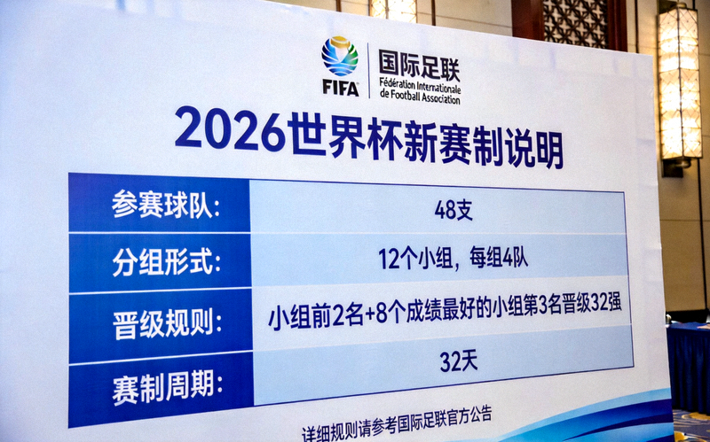 国际足联官方新闻发布会现场的新赛制说明展板